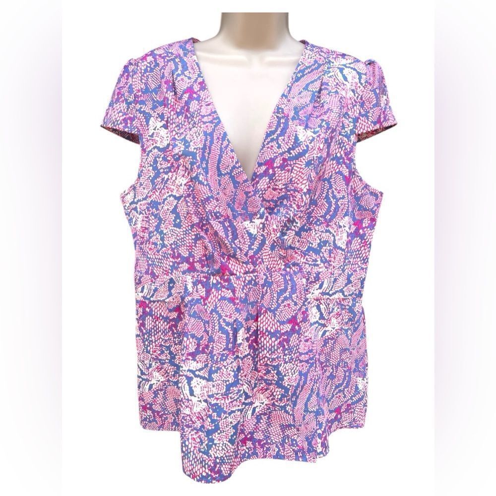 BANANA REPUBLIC XL Pink Blue SNAKE PRINT Wrap Blouse Cap Sleeves V-Neck